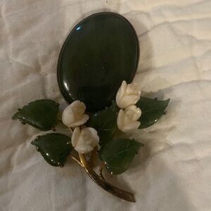 Gorgeous signed Swoboda genuine jade and carved coral brooch